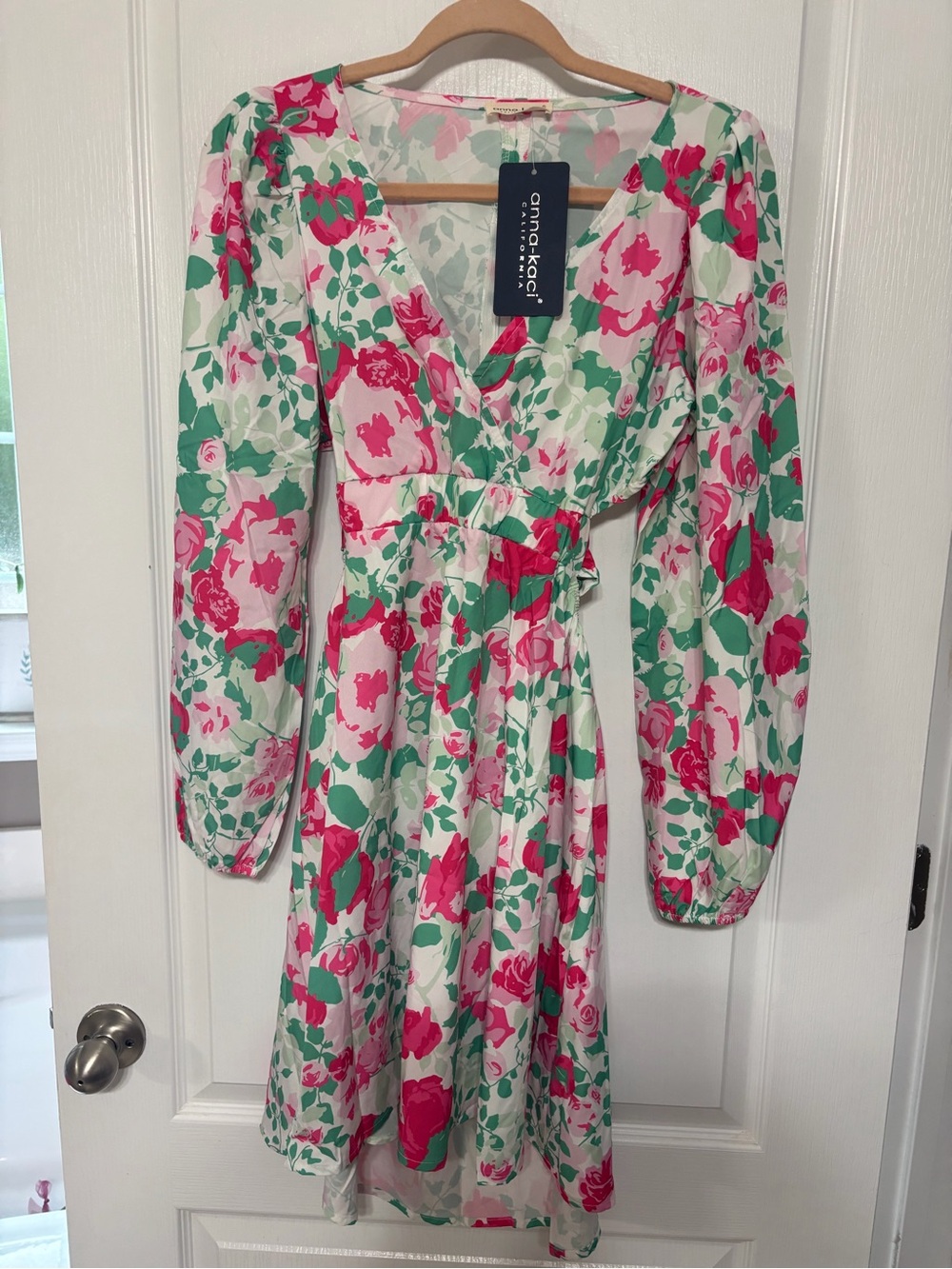 Anna-Kaci Pink & Green Floral Long-Sleeve Wrap Dress